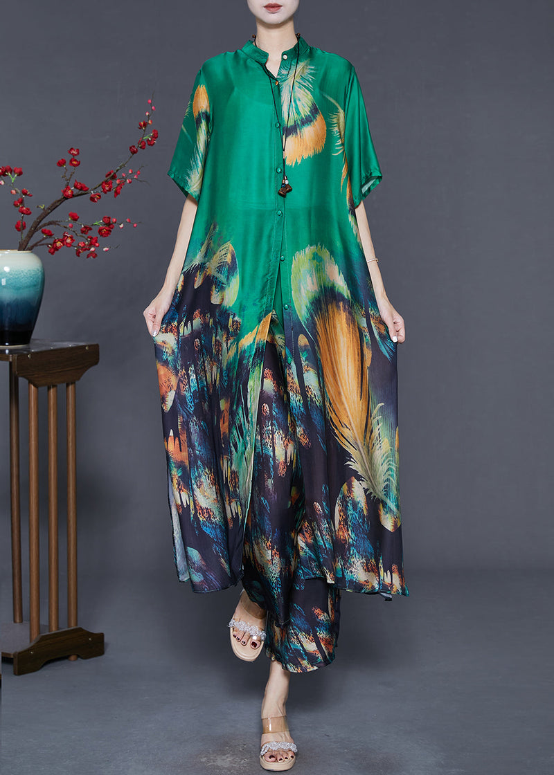 Green Oversized Print Silk Two Piece Suit Set Summer