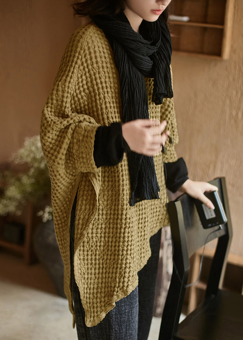 Simple Coffee O-neck Asymmetrical Linen Top Long Sleeve