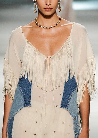 Beige Tasseled Patchwork Chiffon Vacation Dress Summer
