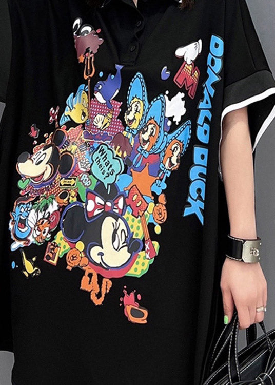 Black Peter Pan Collar Print Mid Dresses Short Sleeve