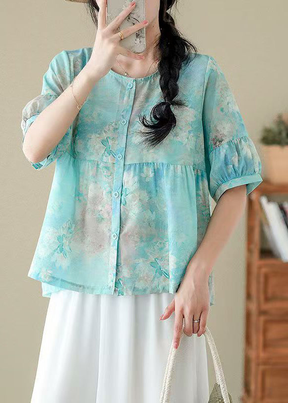 Pink O Neck Print Patchwork Cotton Shirts Summer
