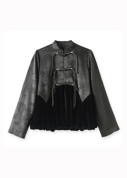 Black Tasseled Jacquard Patchwork Silk Velour Coat Fall