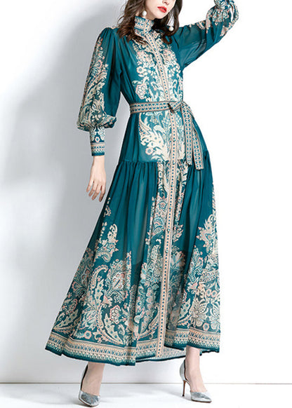 Green Stand Collar Print Tie Waist Chiffon Dress Lantern Sleeve