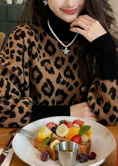 Leopard Hign Neck Puff Sleeve Knitted Sweaters Tops