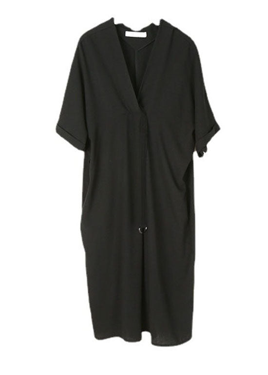 Black Tie Waist V Neck Dress Half Sleeve