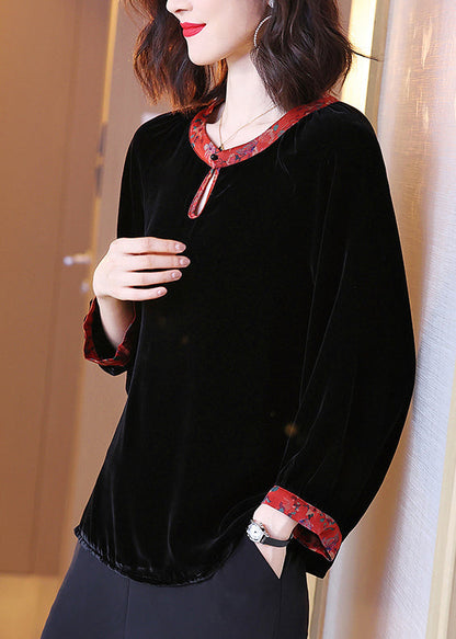 Art Red Edge O-neck Print Patchwork Button Velour Top Long Sleeve