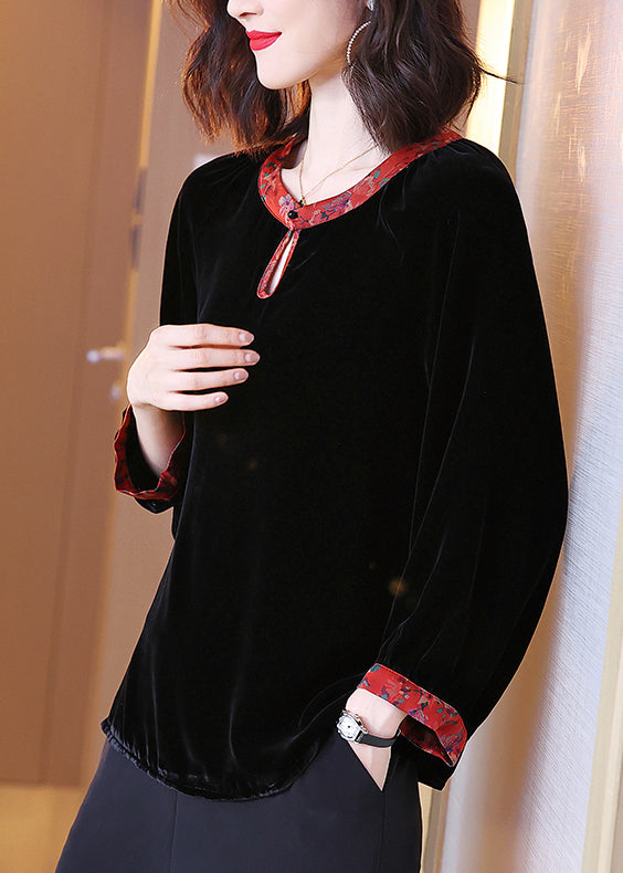 Art Red Edge O-neck Print Patchwork Button Velour Top Long Sleeve