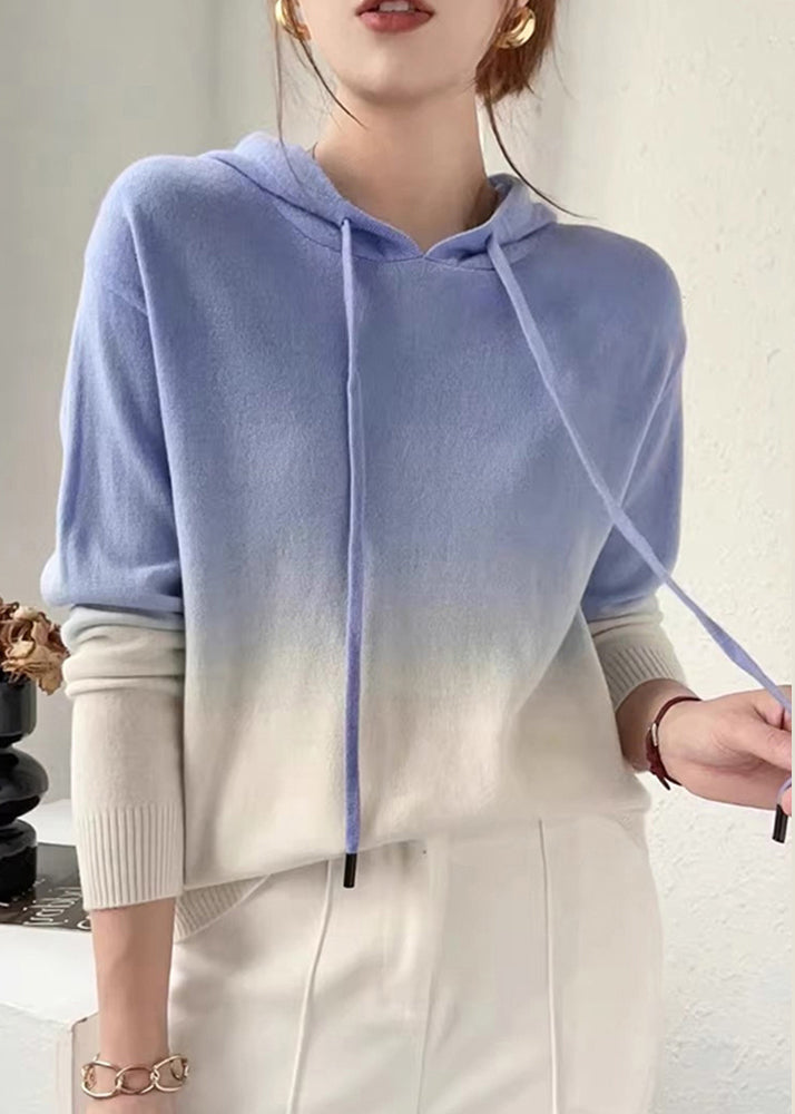 New Orange Gradient Color Hooded Patchwork Wool Knit Sweaters Fall
