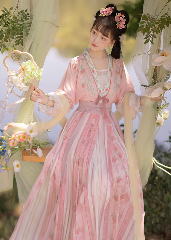 Pink Patchwork Chiffontwo Piece Set Embroideried Lace Up Flare Sleeve