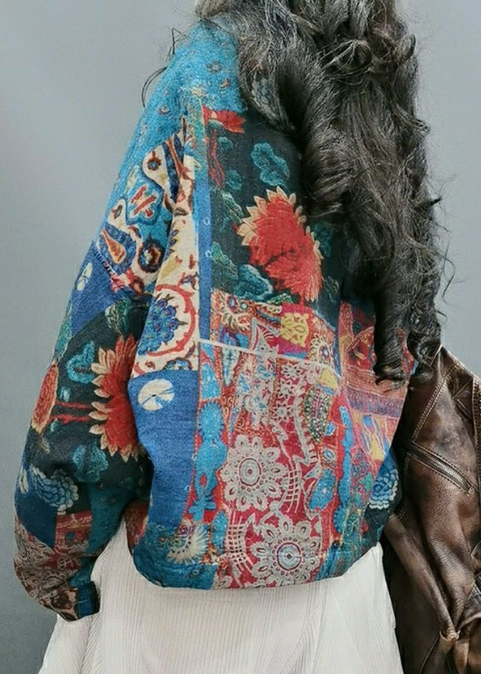 Blue V Neck Print Button Cotton Top Long Sleeve