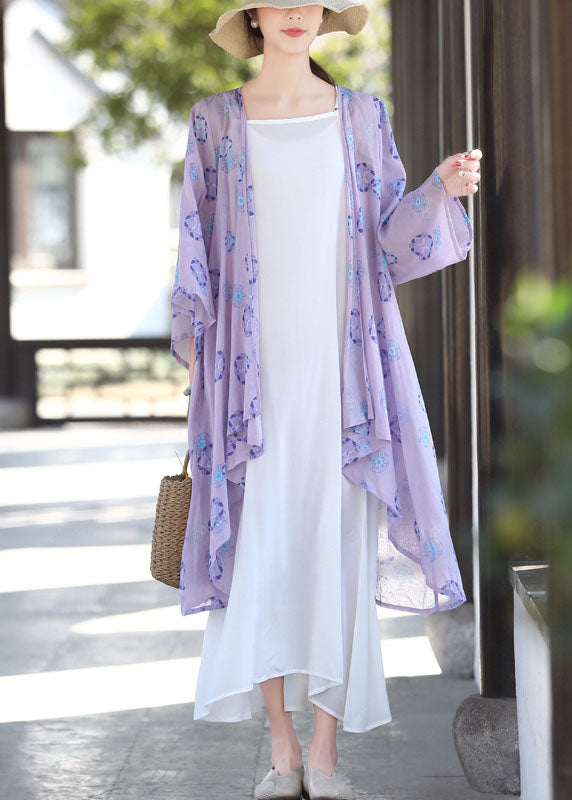 French Purple Asymmetrical Print Cotton Upf 50+ Cardigans Summer