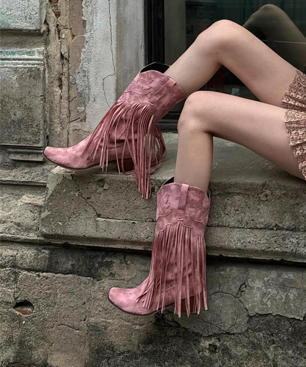 Pink Suede Splicing Chunky Boots Tassel