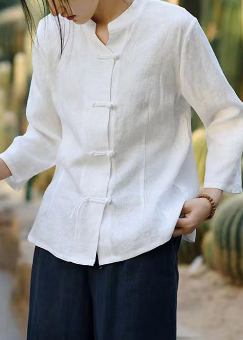 White Button Linen Coats Stand Collar Spring