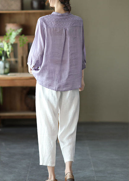 Natural Purple Peterpan Collar Button Embroideried Fall Top Long Sleeve