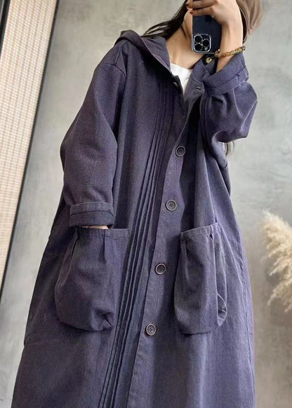 Black Wrinkled Patchwork Button Hooded Denim Trench Coats Long Sleeve