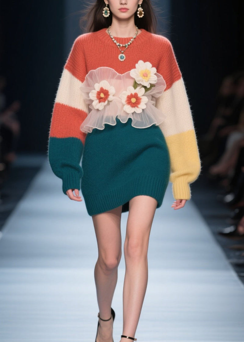 Art Colorblock O Neck Tulle Knit Dress Winter