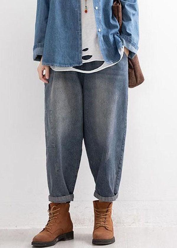 Denim Blue Elastic Waist Pockets Patchwork Applique Cotton Harem Pants Fall