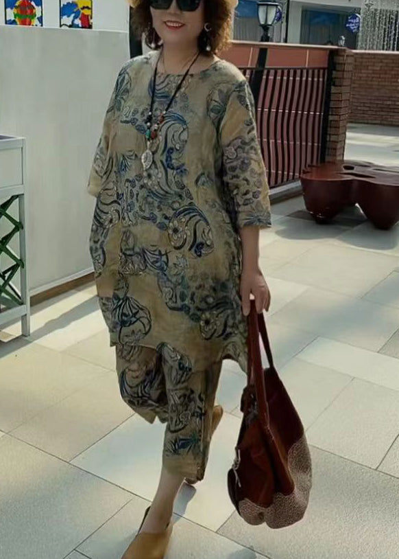 Khaki O-neck Print Linen Two Piece Suit Set Half Sleeve