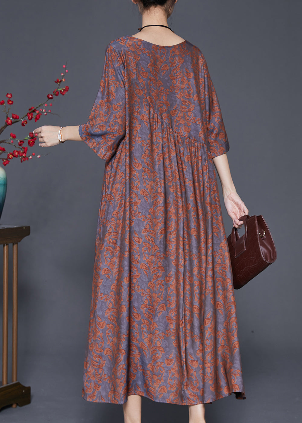 Khaki Oversized Jacquard Long Dresses Half Sleeve