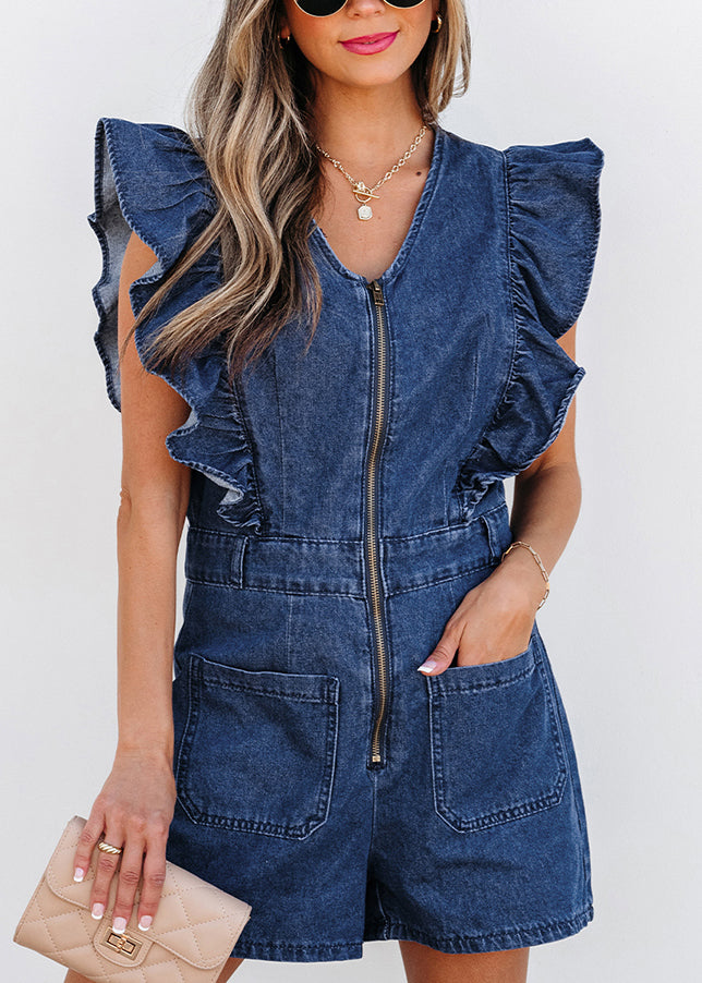 Stylish Navy O-neck Ruffled Zippered Denim Jumpsuit Short Sleeve Fall