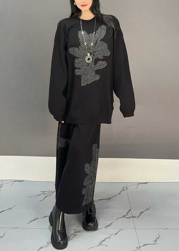 Simple Black O Neck Embroidered Cotton Two Piece Set Fall