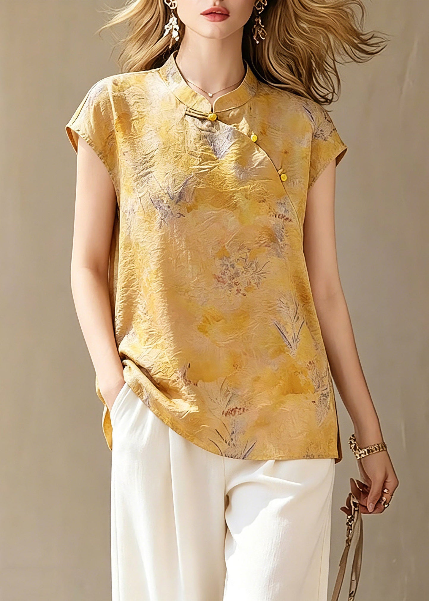Handmade Yellow Print Button Linen Shirts Short Sleeve Summer