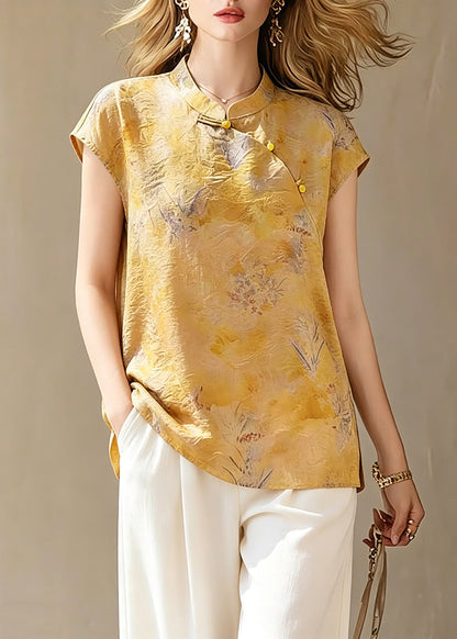 Handmade Yellow Print Button Linen Shirts Short Sleeve Summer