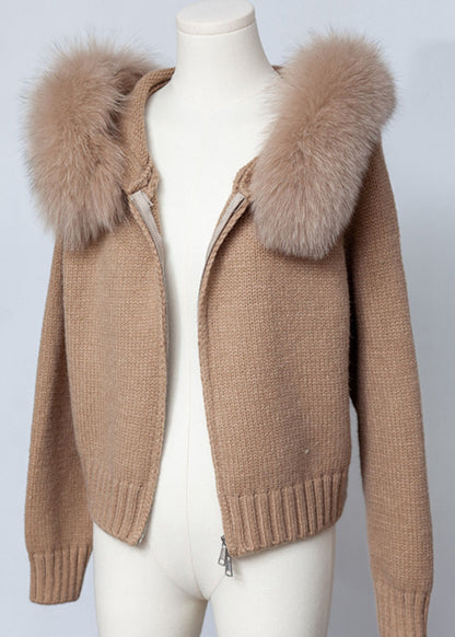 Coffee Zippered Patchwork Knit Fall Coats Hooded
