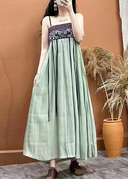 Navy Embroideried Patchwork Linen Spaghetti Strap Dress Sleeveless