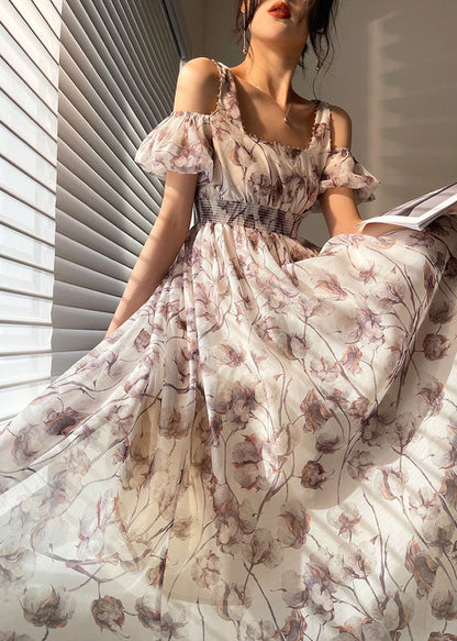 White Elastic Waist Cold Shoulder Print Silk Strap Dresses Puff Sleeve