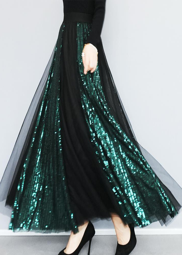 Blackish Green Sequins Patchwork Tulle Skirts Spring