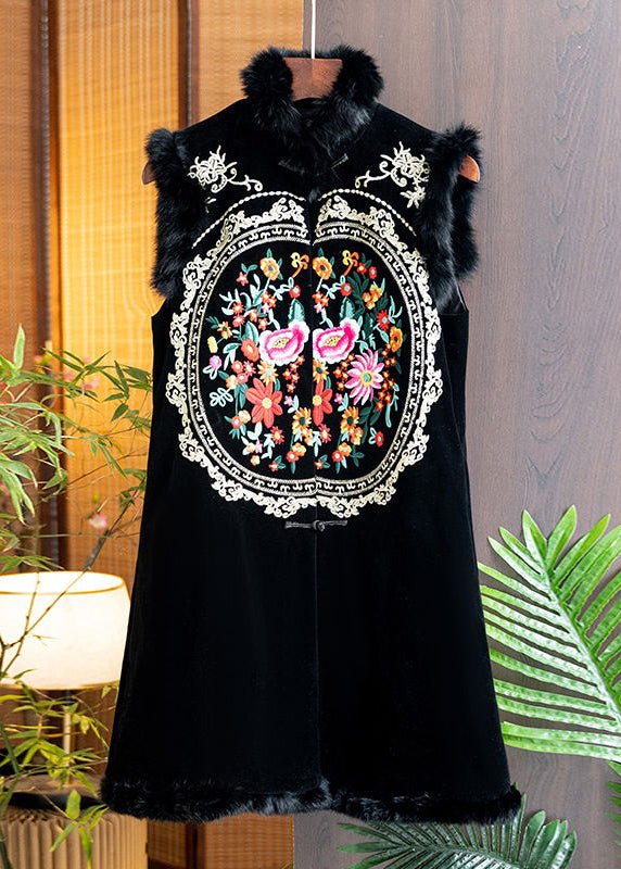 Black Fur Collar Embroideried Patchwork Silk Velour Waistcoat Sleeveless