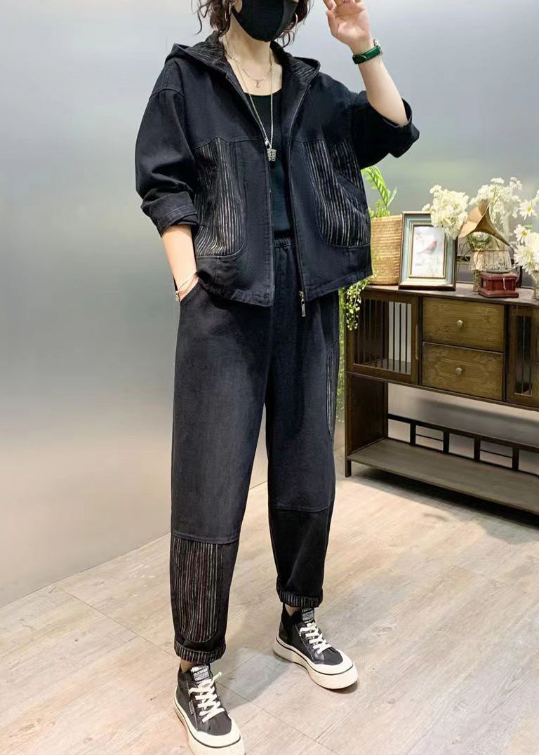 Black Patchwork Denim Two Piece Set Tops and Pants Fall