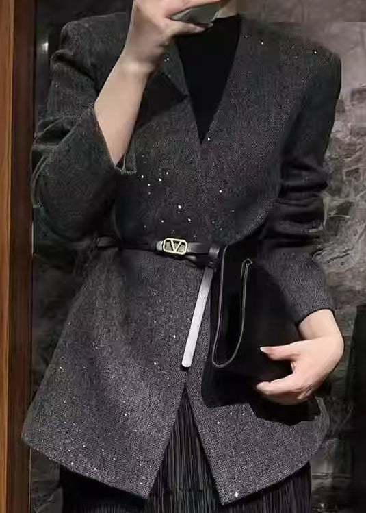 Grey V Neck Woolen Suit Coats Fall