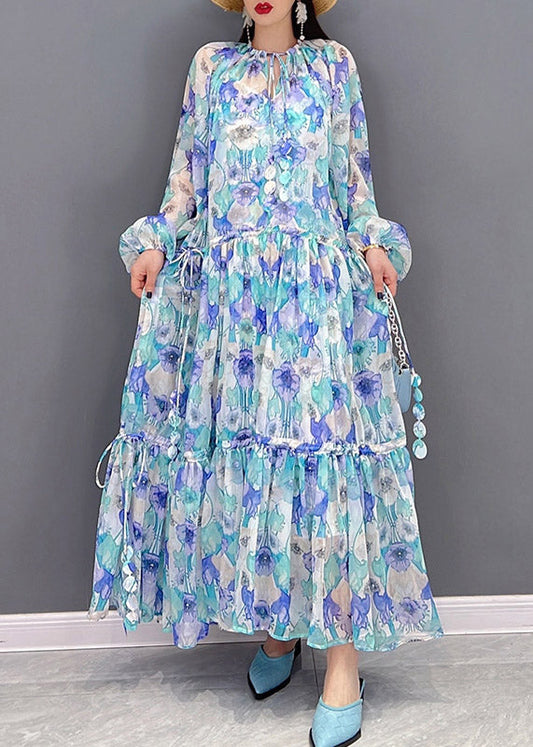 O-neck Drawstring Wrinkled Print Chiffon Long Dresses Lantern Sleeve