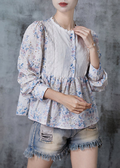 Apricot Print Patchwork Lace Cotton Shirt Summer