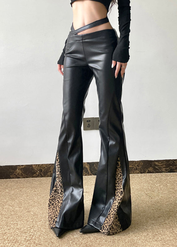 Black Asymmetrical Leopard Patchwork Pu Pants Spring