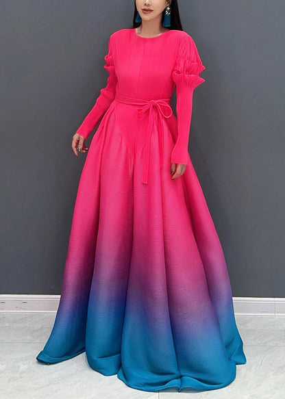 Red O-neck Gradient Color Maxi Dresses Long Sleeve