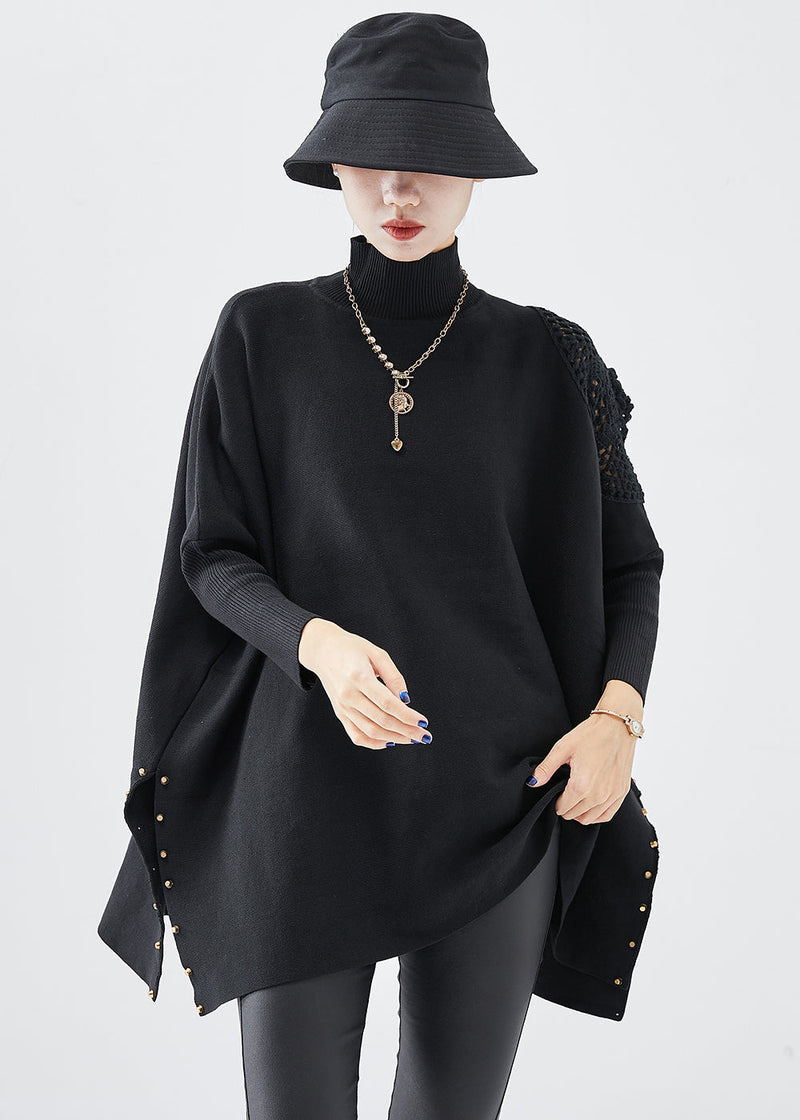 Black Turtle Neck Oversized Side Open Knit Top Fall