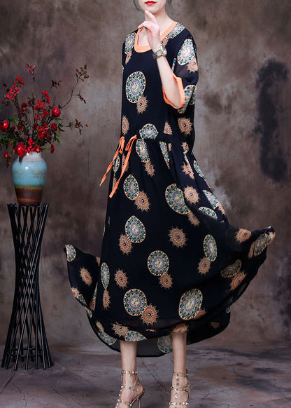 Black O-neck Drawstring Patchwork Print Chiffon Long Dress Half Sleeve