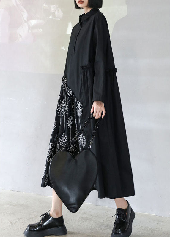 Black Button Patchwork Ruffled Fall Dress Long Sleeve
