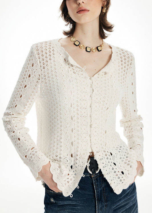 Beige O Neck Hollow Out Knit Cardigan Fall