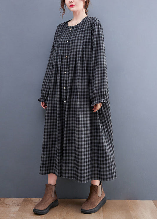 Grey Plaid O-neck Button Maxi Dresses Long Sleeve