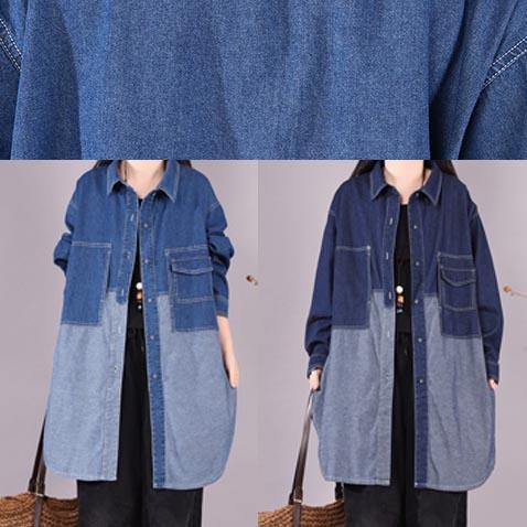 Denim Light Blue Long Shirts Lapel Patchwork Oversized Blouse