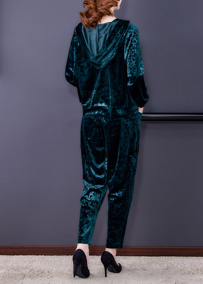 Green Zip Up Silk Velour Coats and Harem Pants Two Pieces Set Long Sleeve Spring