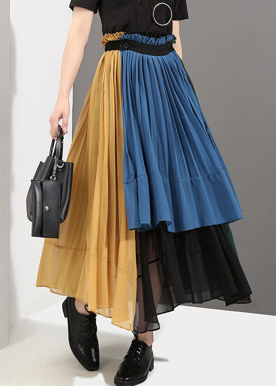 Colorblock Elastic Waist Patchwork Chiffon Pleated Skirt Spring