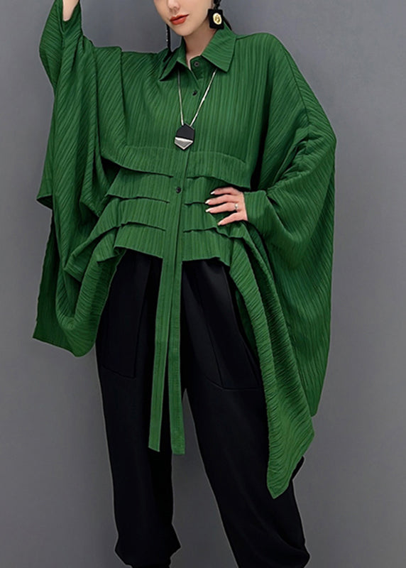 Green Peter Pan Collar Asymmetrical Low High Design Button Shirt Long Sleeve