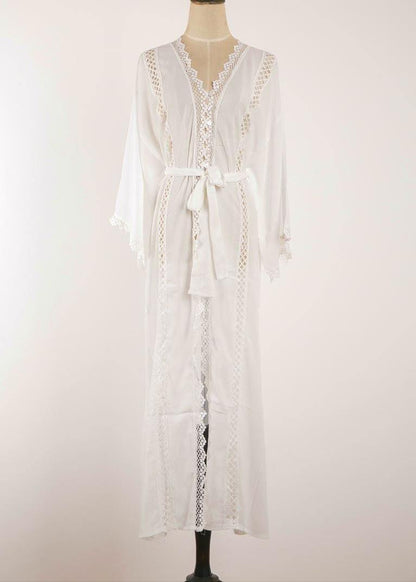 French White Patchwork Tie Waist Kimono Robe Maxi Chiffon Dress