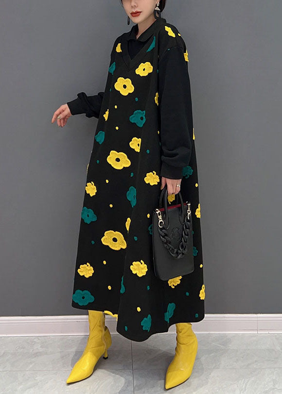 Black Peter Pan Collar Patchwork Print Cotton Fake Two Piece Dress Spring