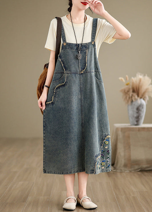 Denim Grey Embroidered Patchwork Spaghetti Strap Dress Sleeveless